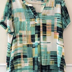 Van Heusen Abstract Geometric Split-Neck Top in Teal, Black, Gold and White